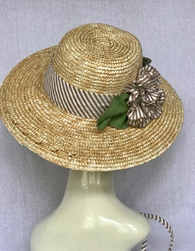 Straw Garden Hat - Wide Brim- Sewn Wheat Straw- Striped Trim- Gita ...