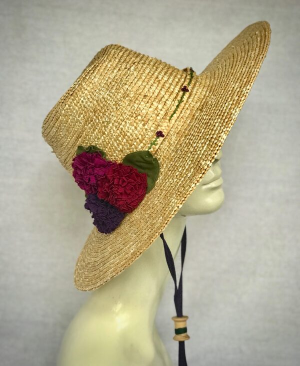 Straw Garden Hat - Wide Brim- Sewn Wheat Straw- Zinnias- Made To Order- Gita