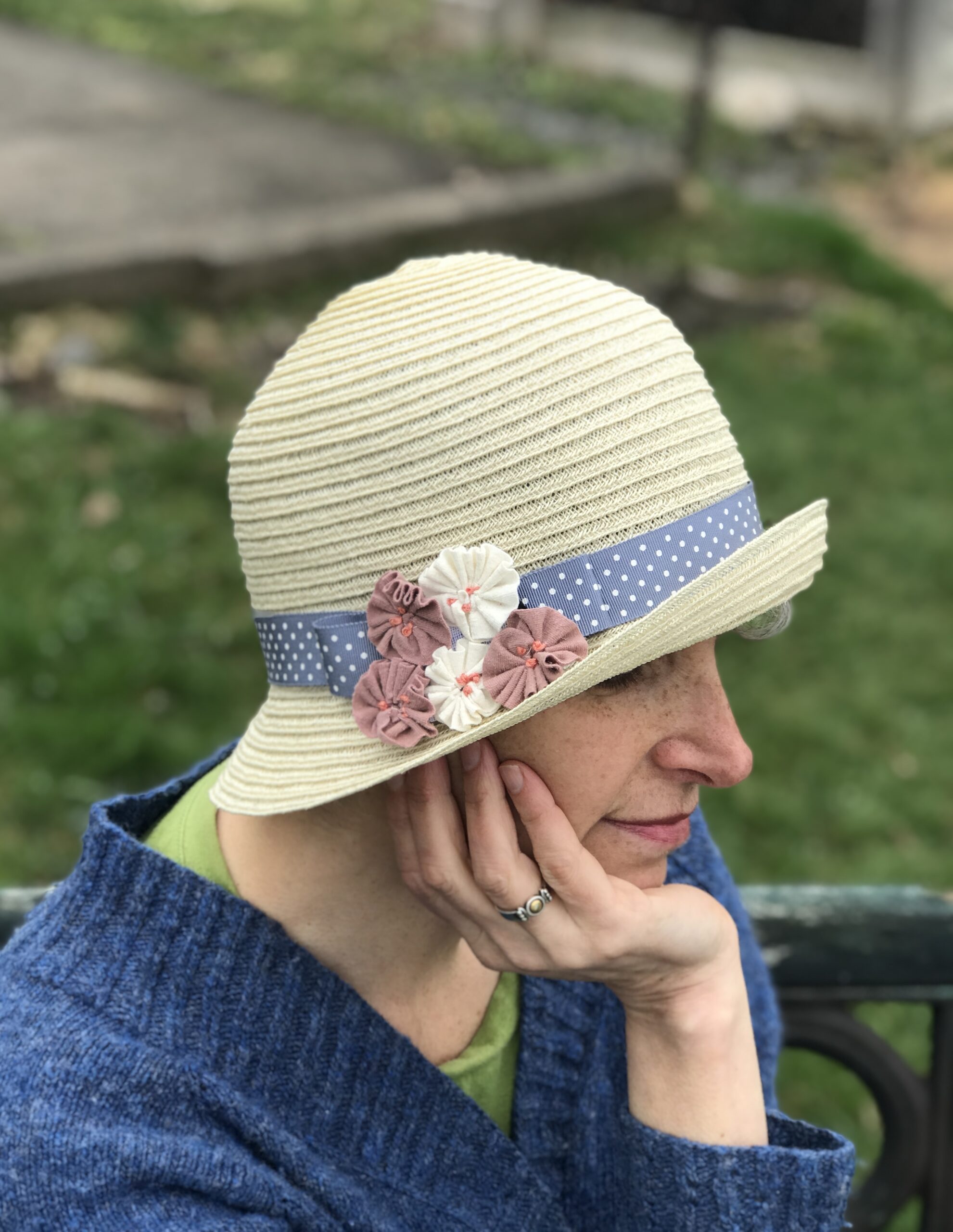 Cloche Travel Hat- Hemp Braid-BluePolka Dots and Baby Rosettes